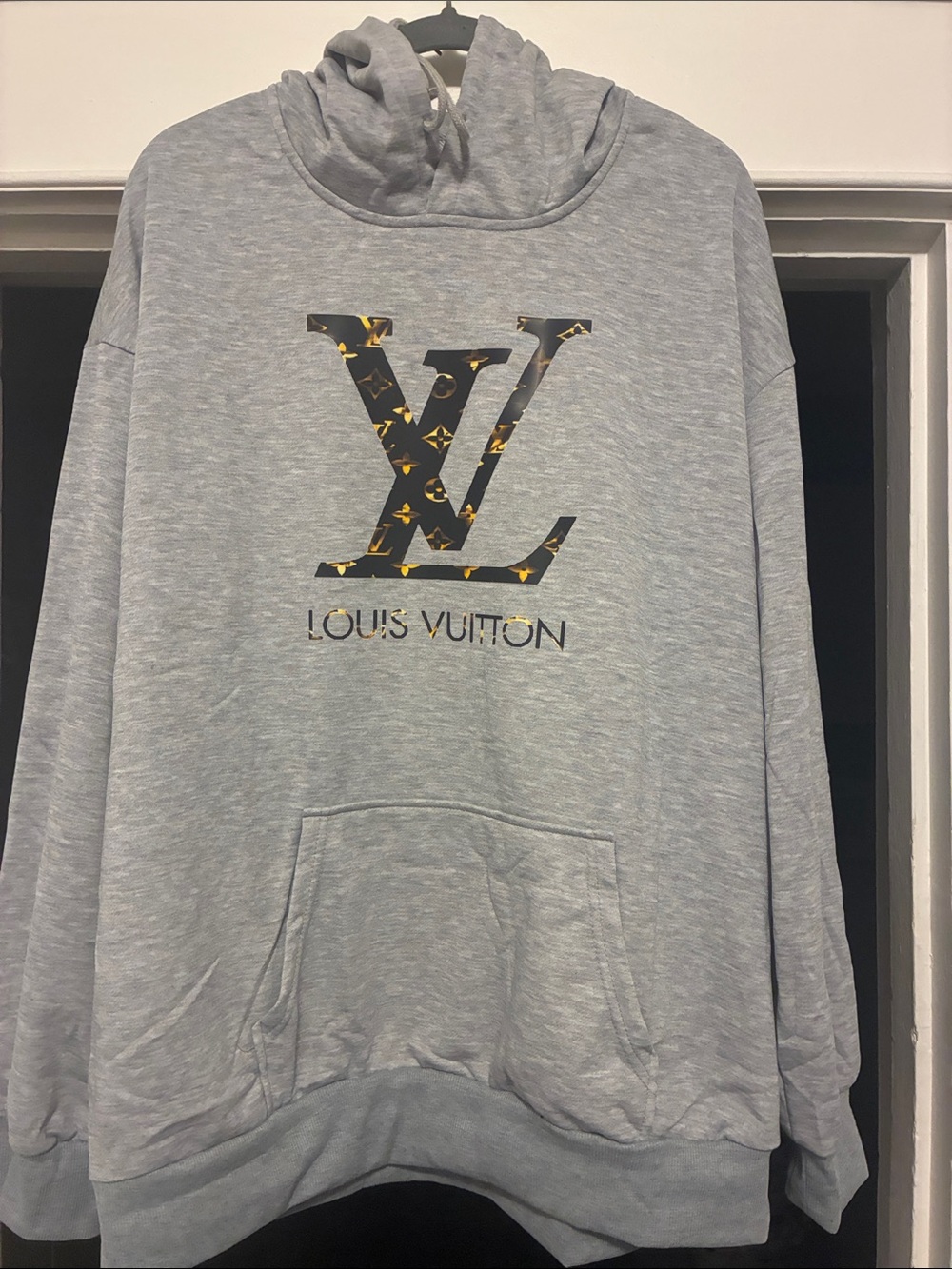 Louis Vuitton style Light Gray Hoodie with Black & Gold LV Logo